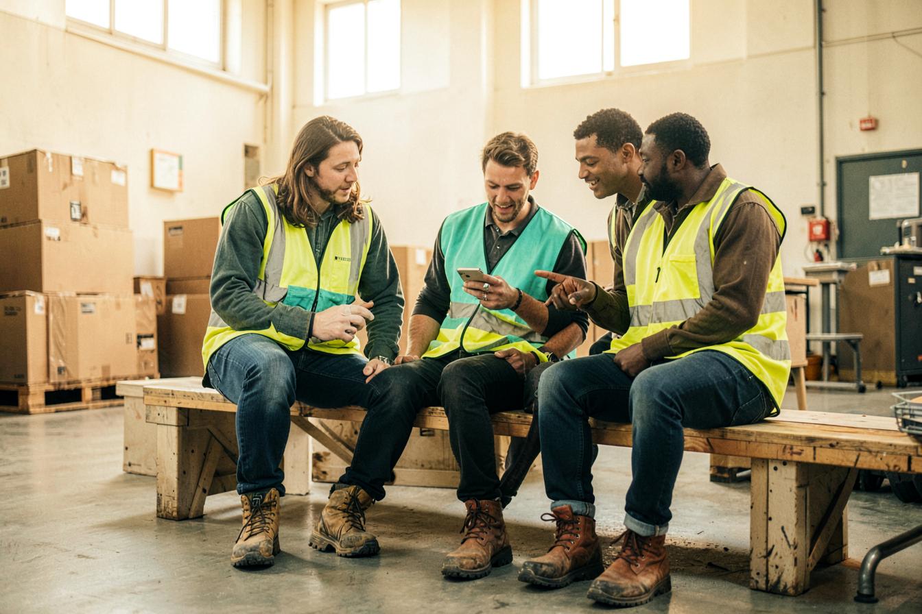 A warehouse team looking at a phone together on their break